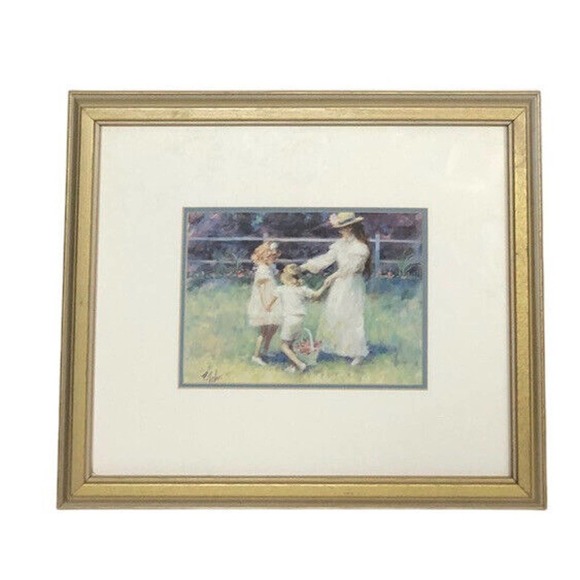 Signed R. Tolan Framed Art Print Children Dancing Garden Gold Frame 14"x12" - Picture 1 of 4